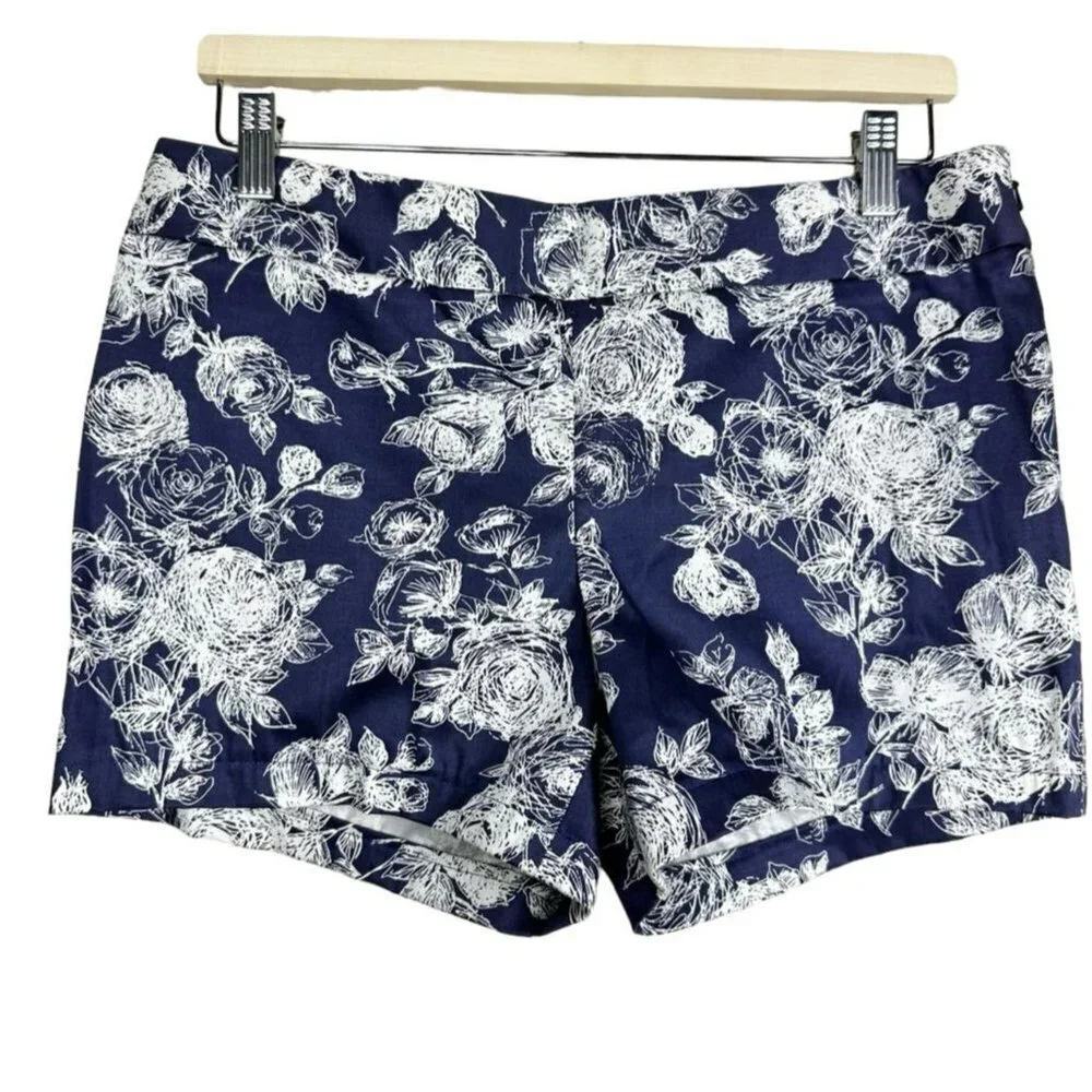 Brooks Brothers Natalie Fit Navy Blue White Floral Shorts Pull On Women Size 6